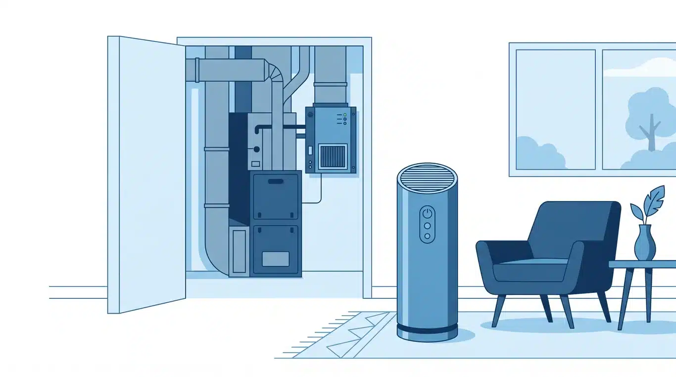 Portable air purifier in a room with a whole-house unit behind it