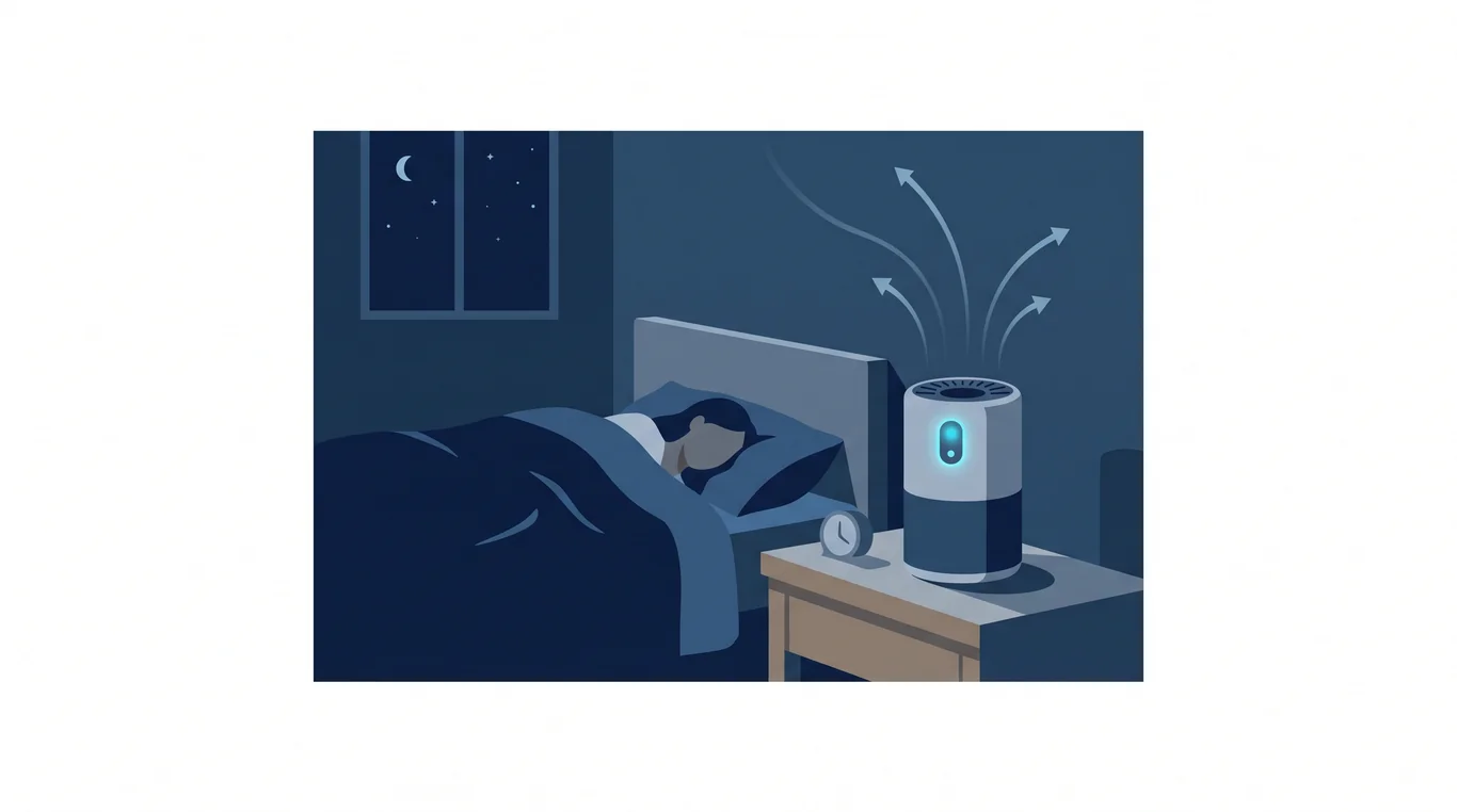 Air purifier glowing softly in a dark bedroom at night