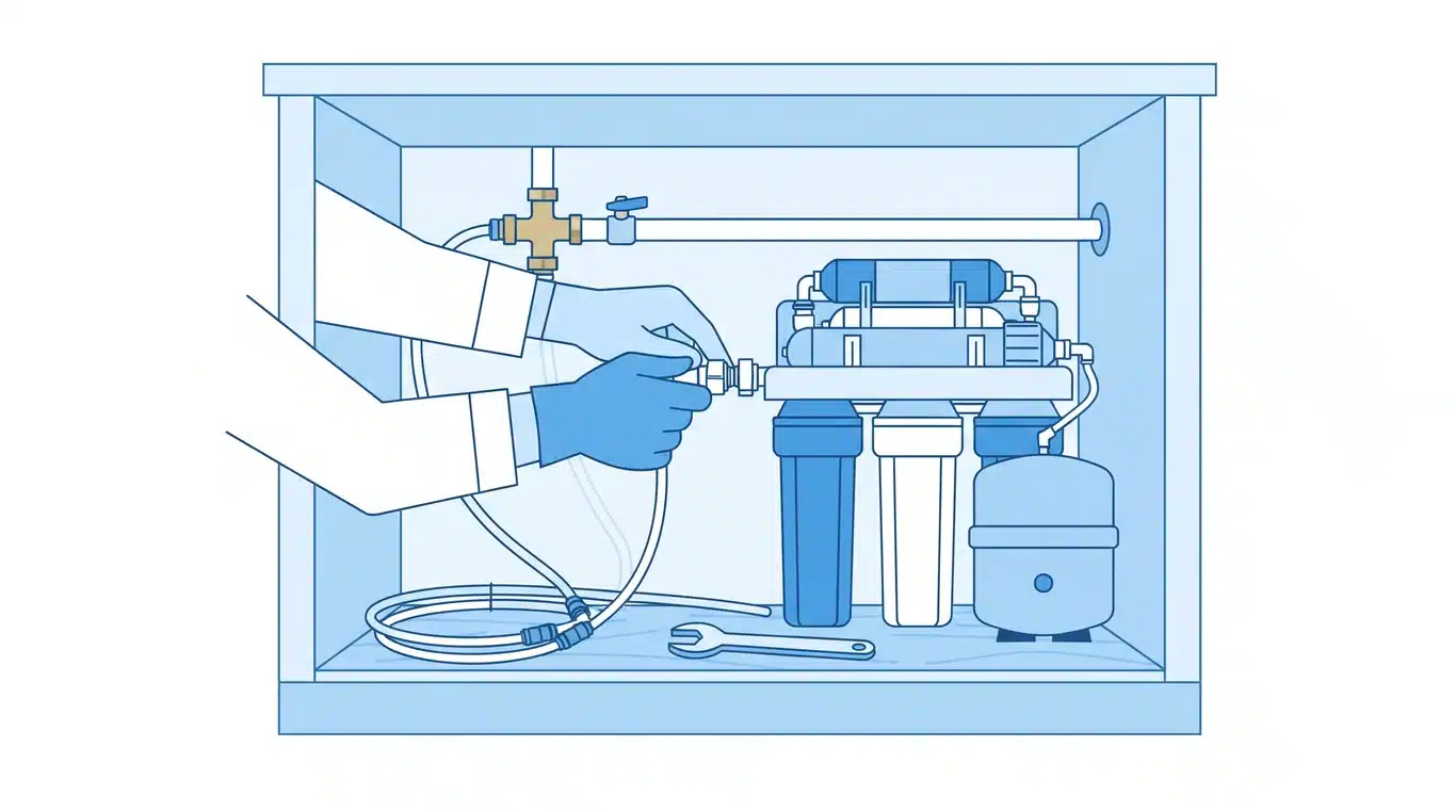Hands connecting a supply line to a reverse osmosis unit