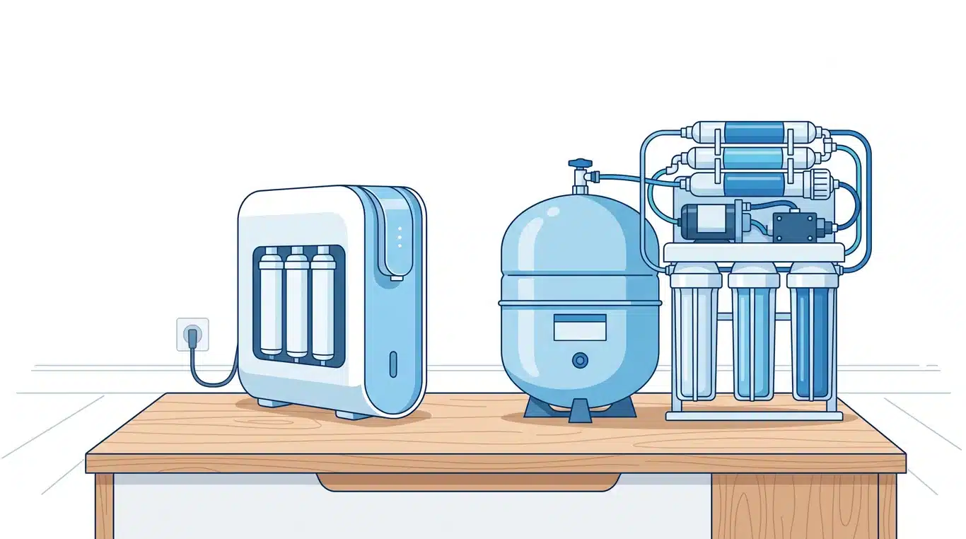 Tankless and tank-style reverse osmosis units side by side