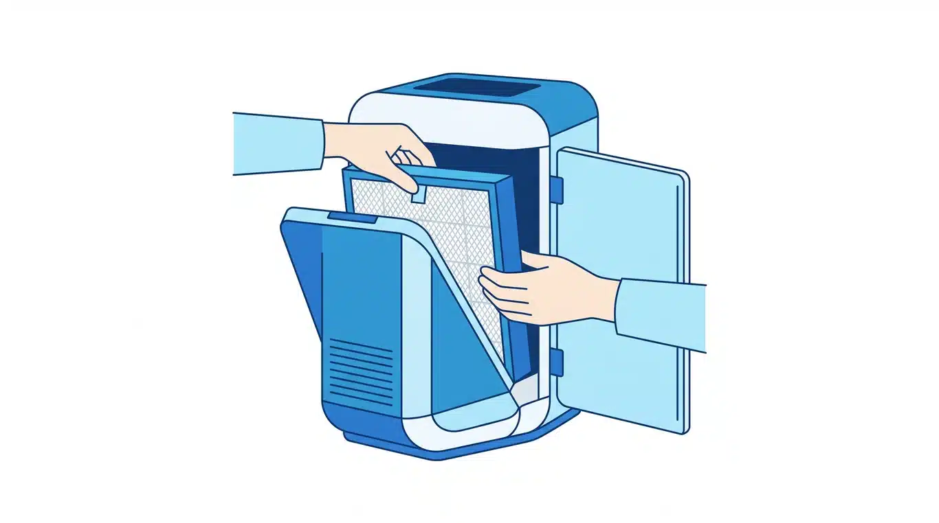 Hands sliding a new cartridge into an air purifier
