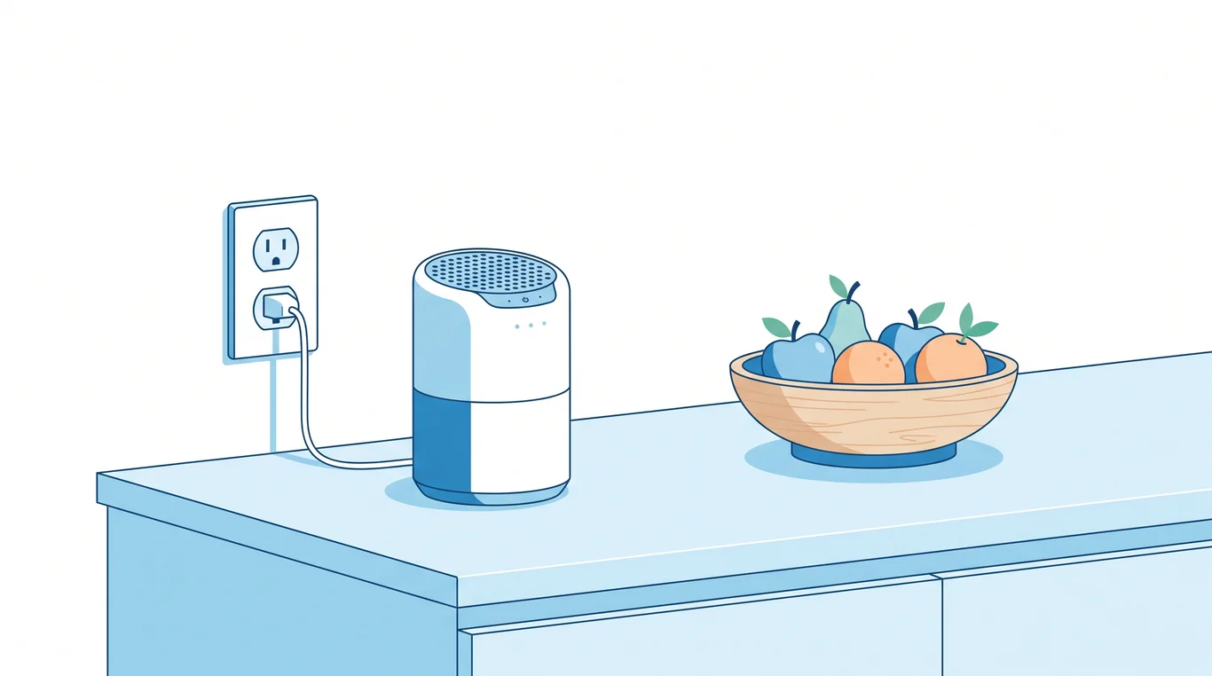 Air purifier plugged in beside a fruit bowl in the kitchen