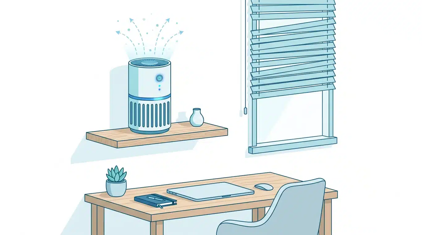 Air purifier running on a shelf in a home office