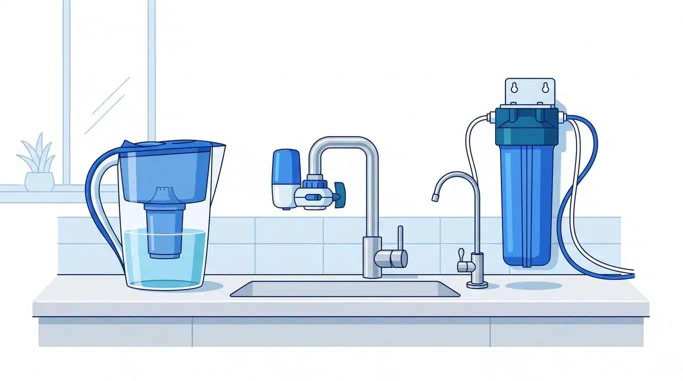 Three water filter types lined up on a kitchen counter