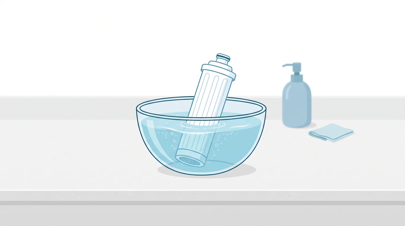 Filter cartridge soaking in a bowl of vinegar solution
