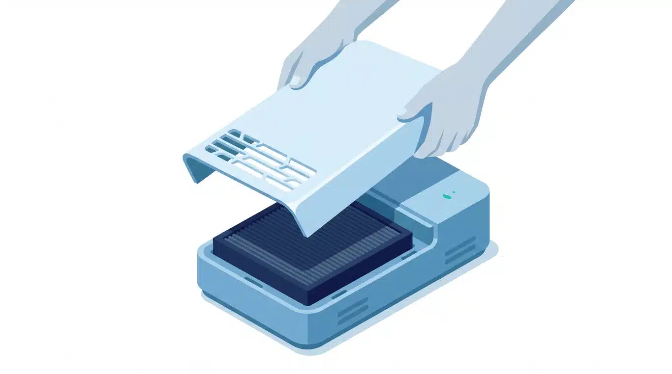 Hands removing the front cover of an air purifier filter