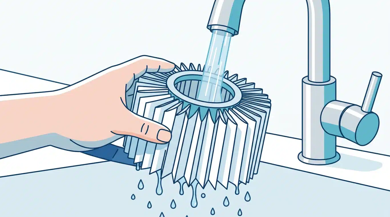 Hand rinsing a pleated air filter under a running tap