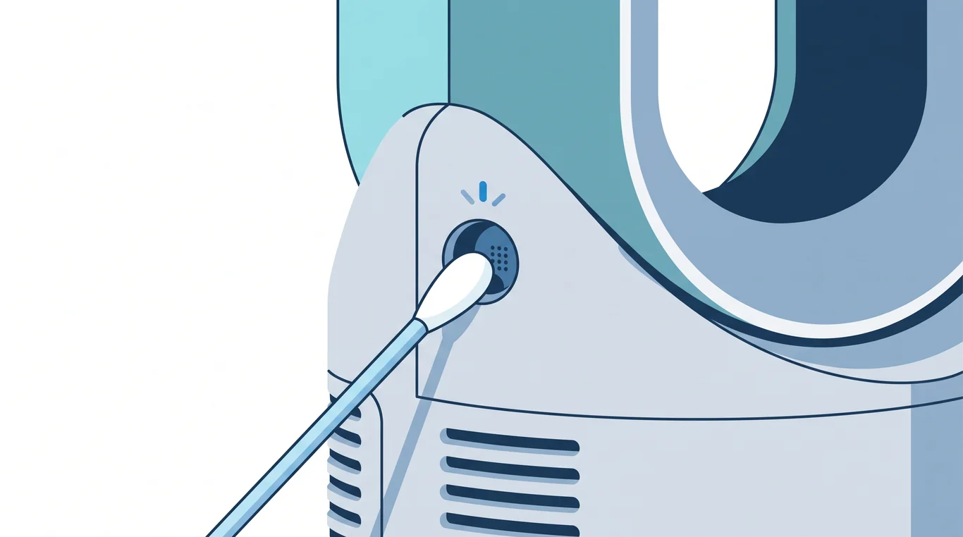 Cotton swab cleaning a small sensor port on an air purifier