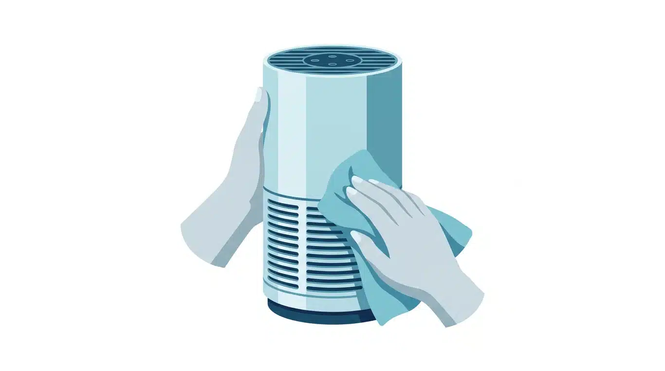 Hands cleaning the base and vents of an air purifier