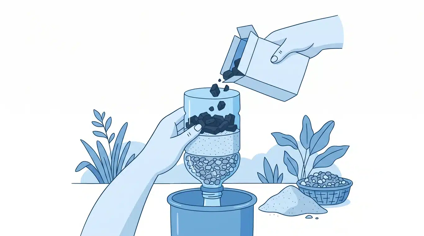 Hands layering sand and charcoal into a homemade water filter