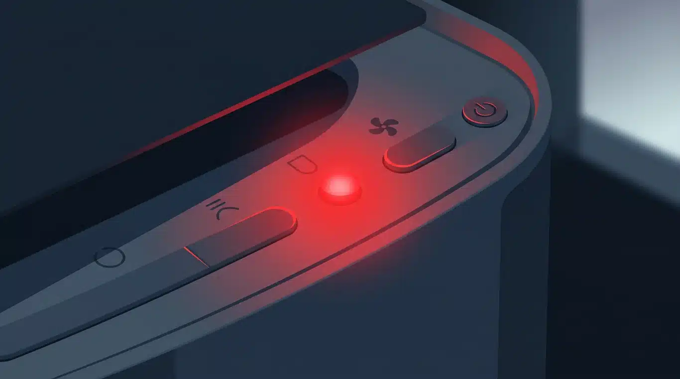 Glowing red indicator light on an air purifier panel