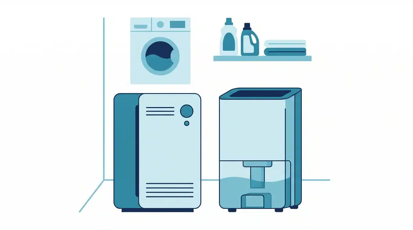 Air purifier and dehumidifier standing side by side in a laundry room