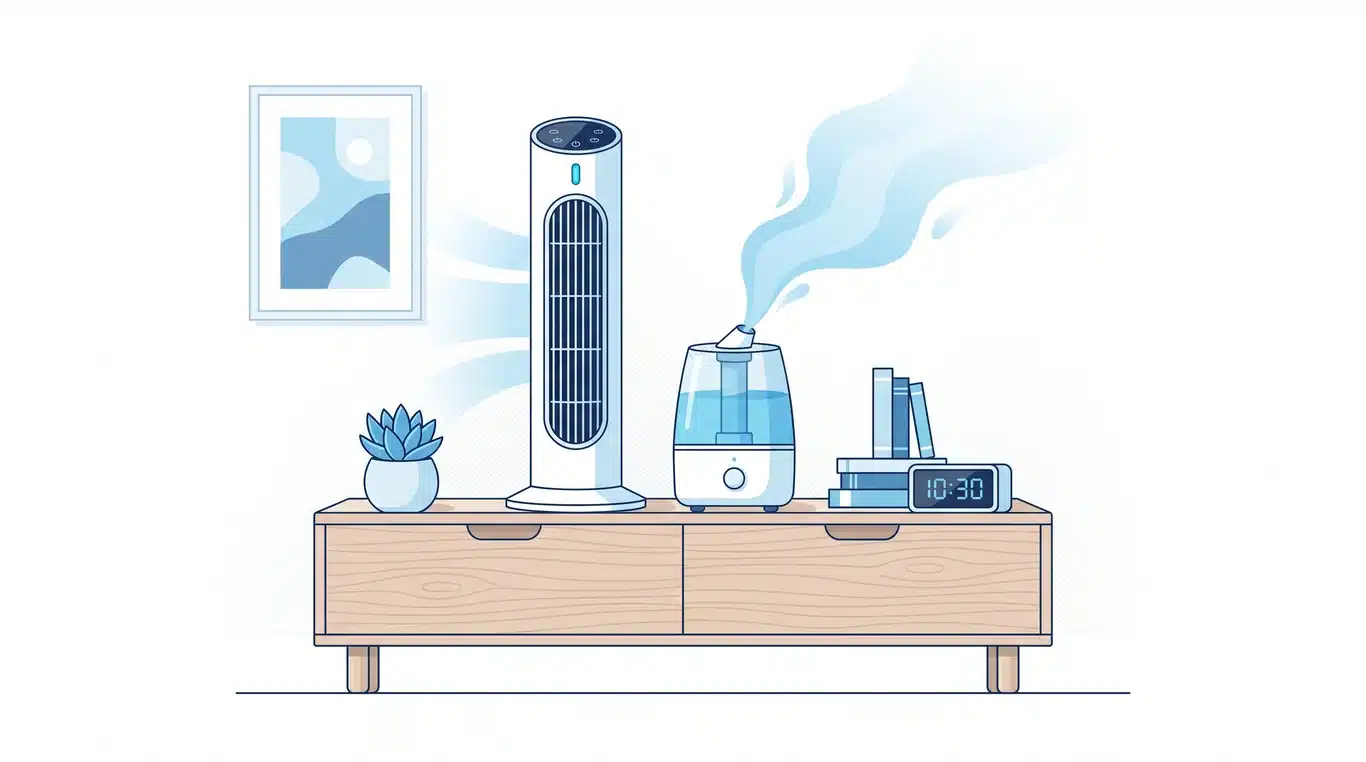 Air purifier and humidifier side by side on a dresser
