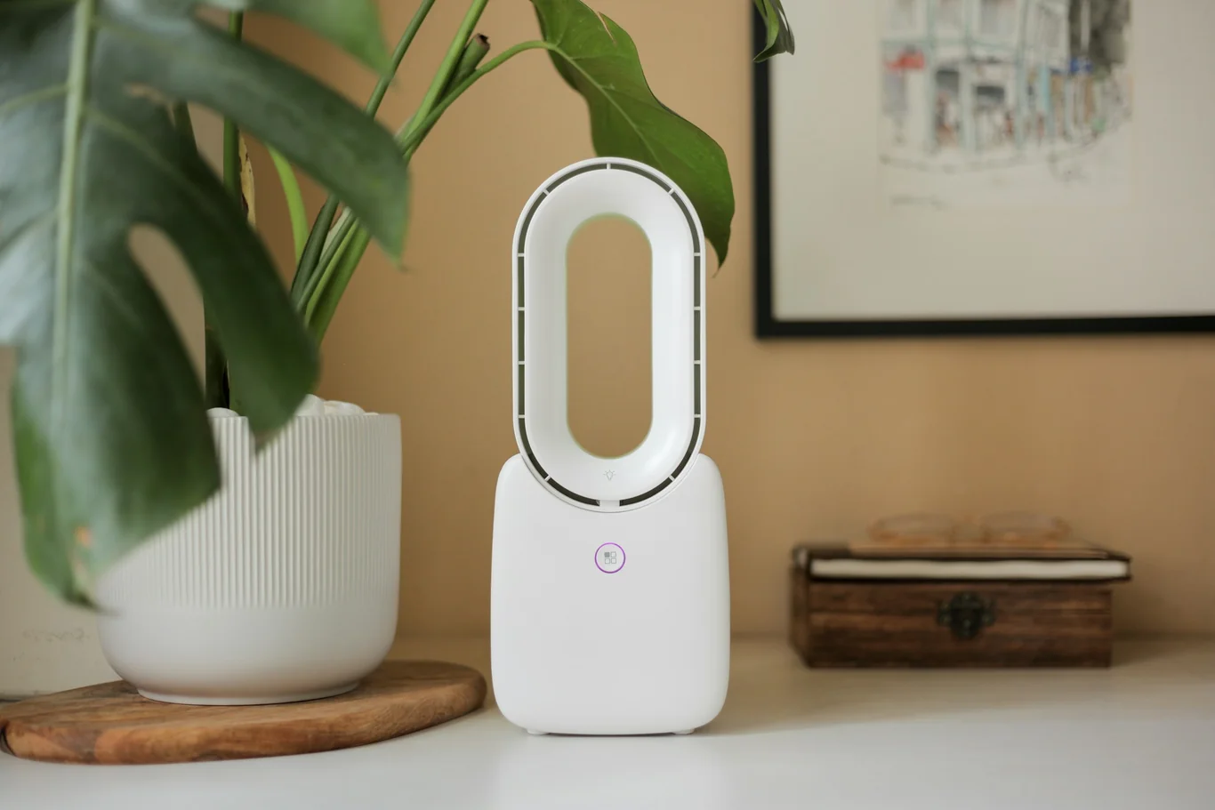 A compact air purifier running quietly on a table beside a houseplant