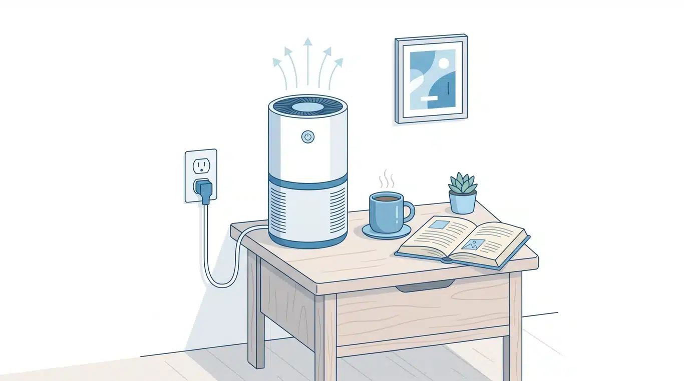 Air purifier plugged in next to a mug and an open book