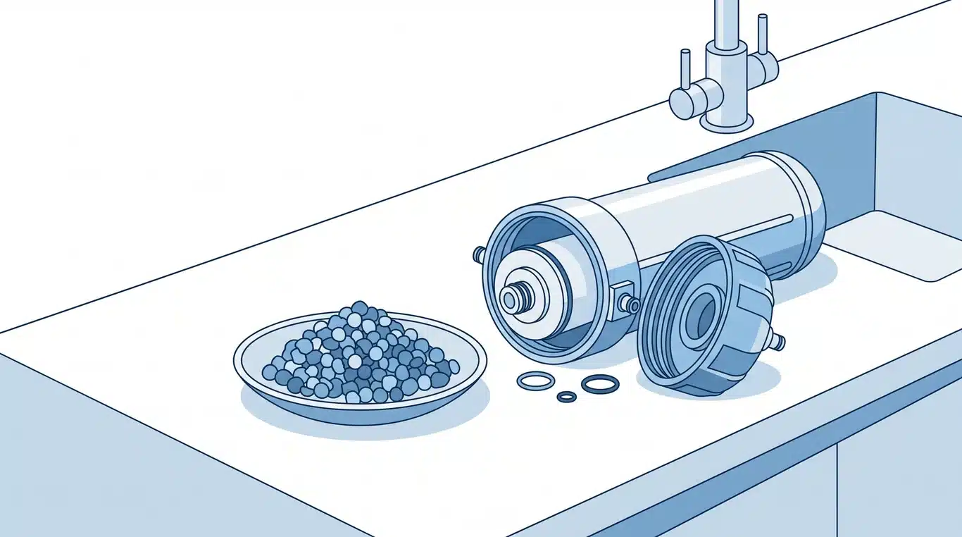 Mineral pellets beside an open reverse osmosis filter housing