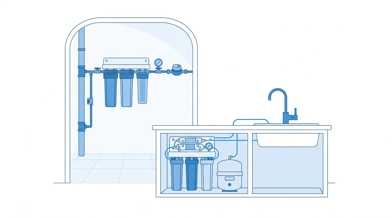 Under-sink reverse osmosis unit with a whole-house filter behind
