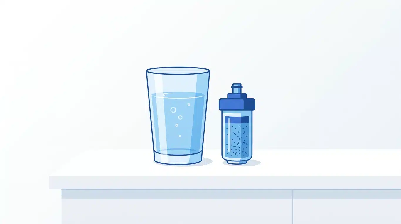 Glass of water beside a remineralization filter cartridge