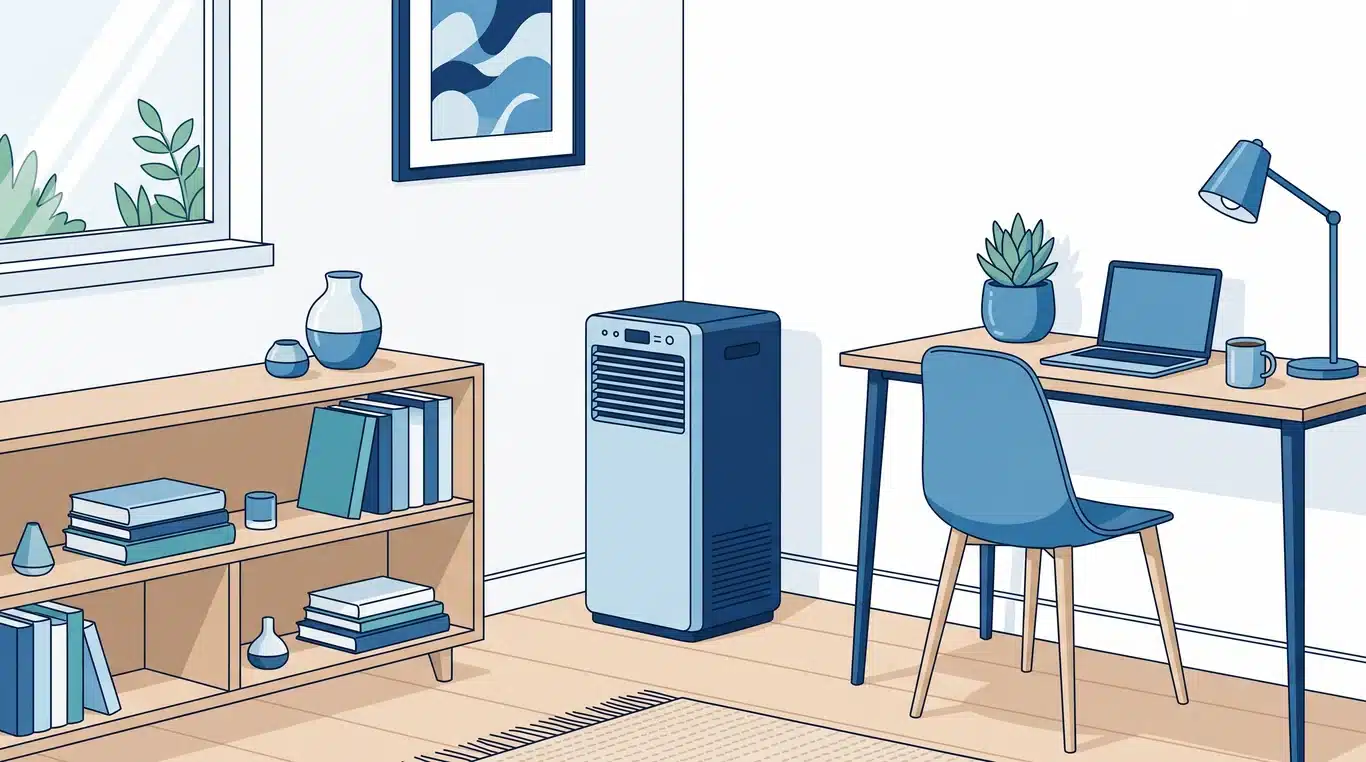 Air purifier standing in the corner of a home office