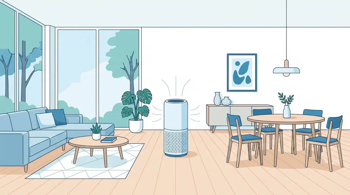 Air purifier placed centrally in a large open living space
