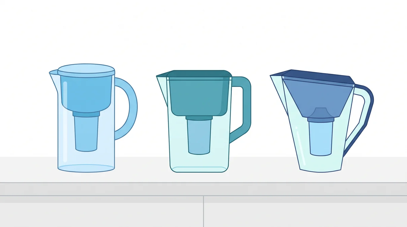 Three different water filter pitchers lined up on a counter