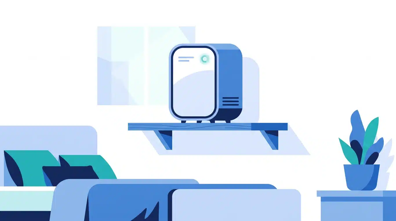 Air purifier sitting on a shelf above the bedroom floor