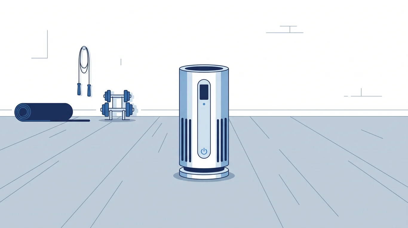 Air purifier placed in open floor space in a home gym