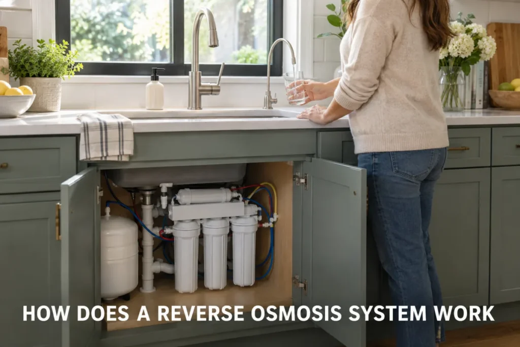 A woman filling a glass from a kitchen faucet above an open cabinet with a reverse osmosis system installed below.