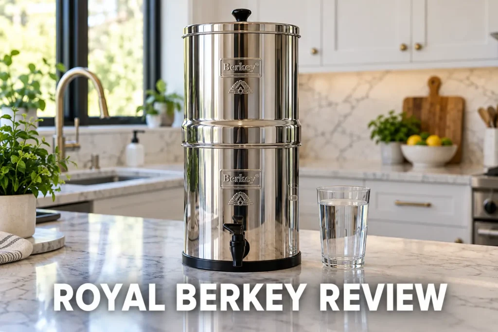 A Royal Berkey stainless steel countertop water filter beside a glass of water in a sunlit kitchen.