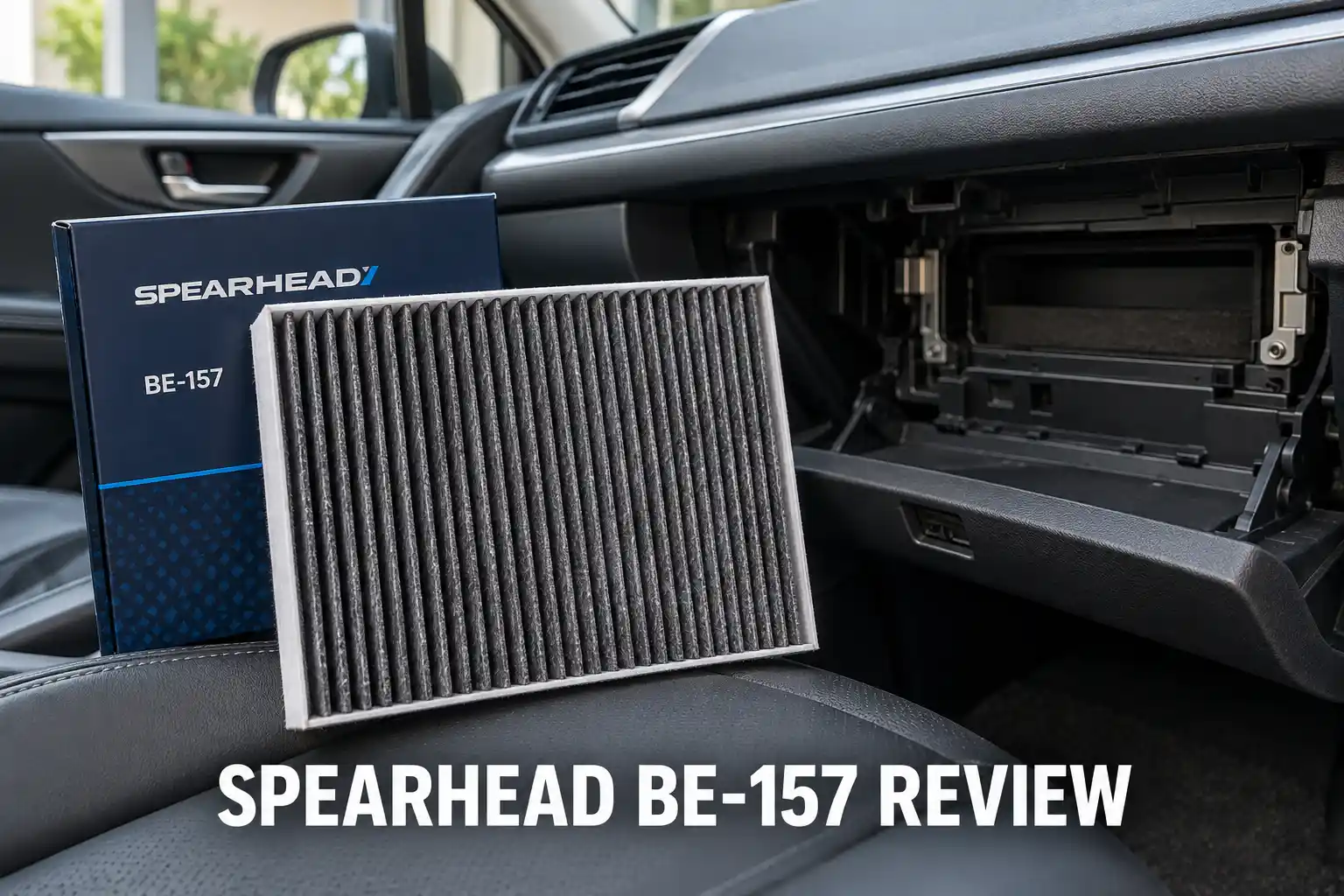 A Spearhead BE-157 cabin air filter and box placed inside a car with the glove compartment filter slot open.