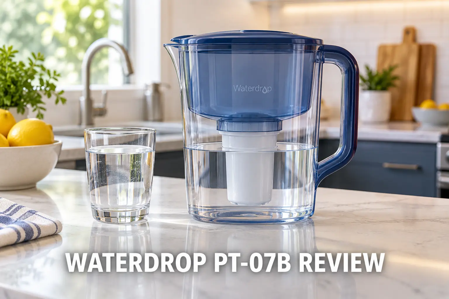 A Waterdrop PT-07B water filter pitcher and glass of filtered water on a bright kitchen countertop.