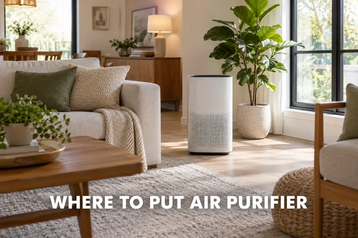 An air purifier placed in an open living room area near a sofa, window, and houseplants.