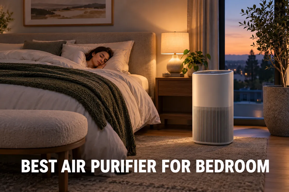 An air purifier running beside a bed while a woman sleeps in a calm bedroom at dusk.