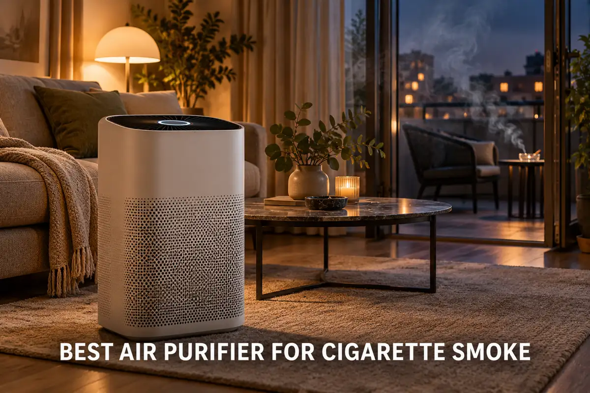 An air purifier running in a living room while cigarette smoke drifts near an open city window.