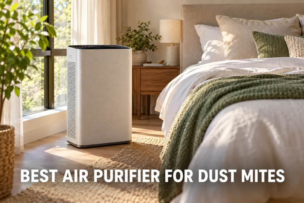 An air purifier placed beside a bed in a bright bedroom with soft bedding and natural light.