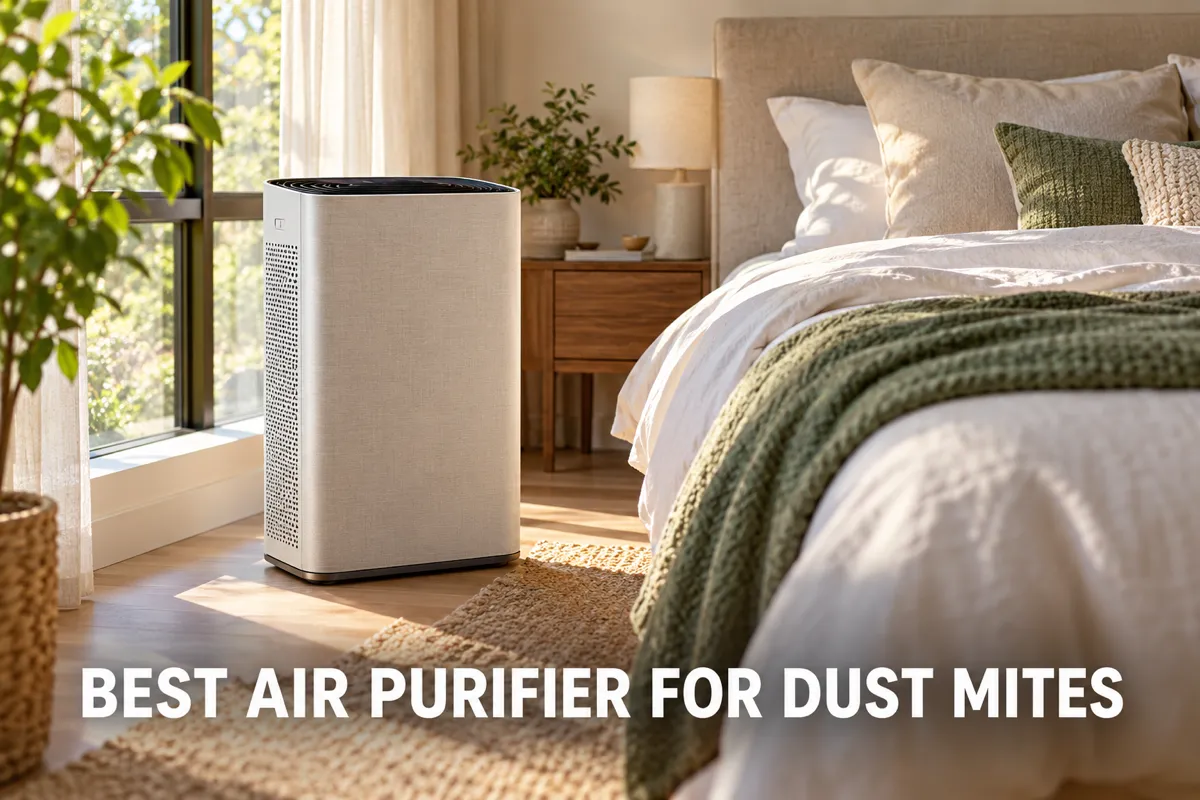 An air purifier placed beside a bed in a bright bedroom with soft bedding and natural light.