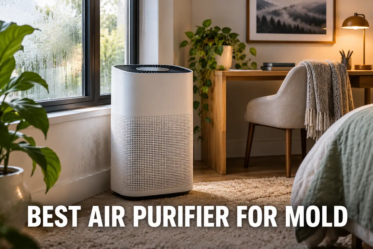 An air purifier running near a moisture-prone bedroom window with condensation and plants nearby.