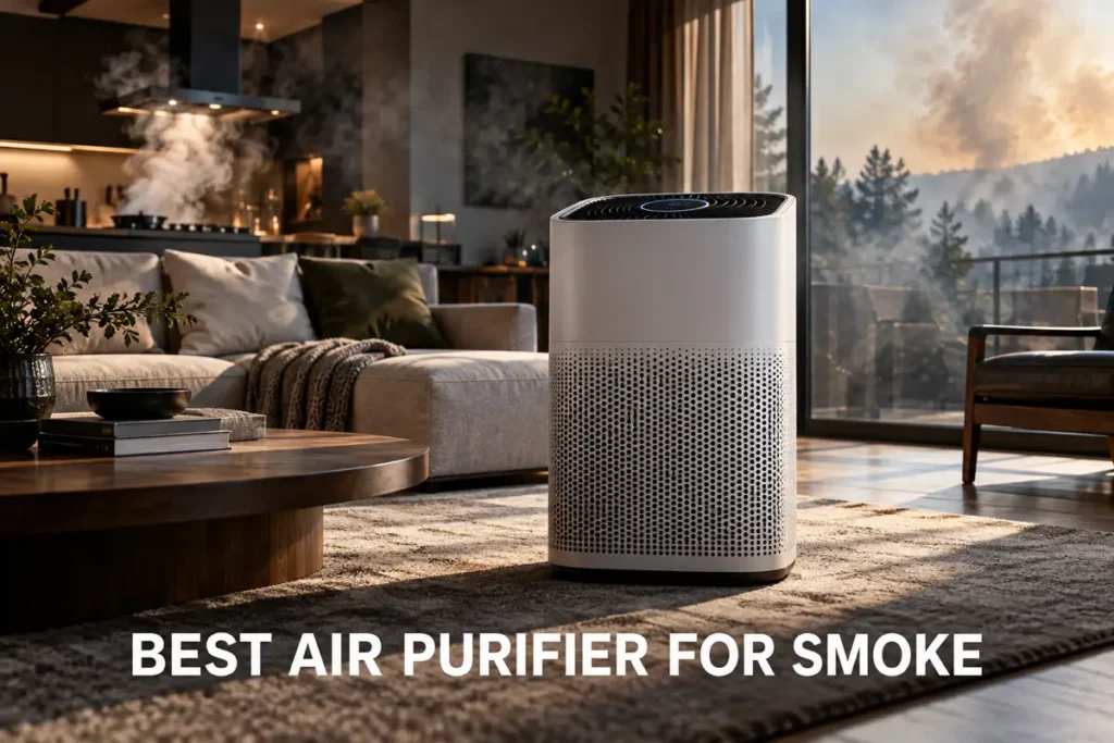 An air purifier running in a smoky living room with haze visible near the kitchen and window.