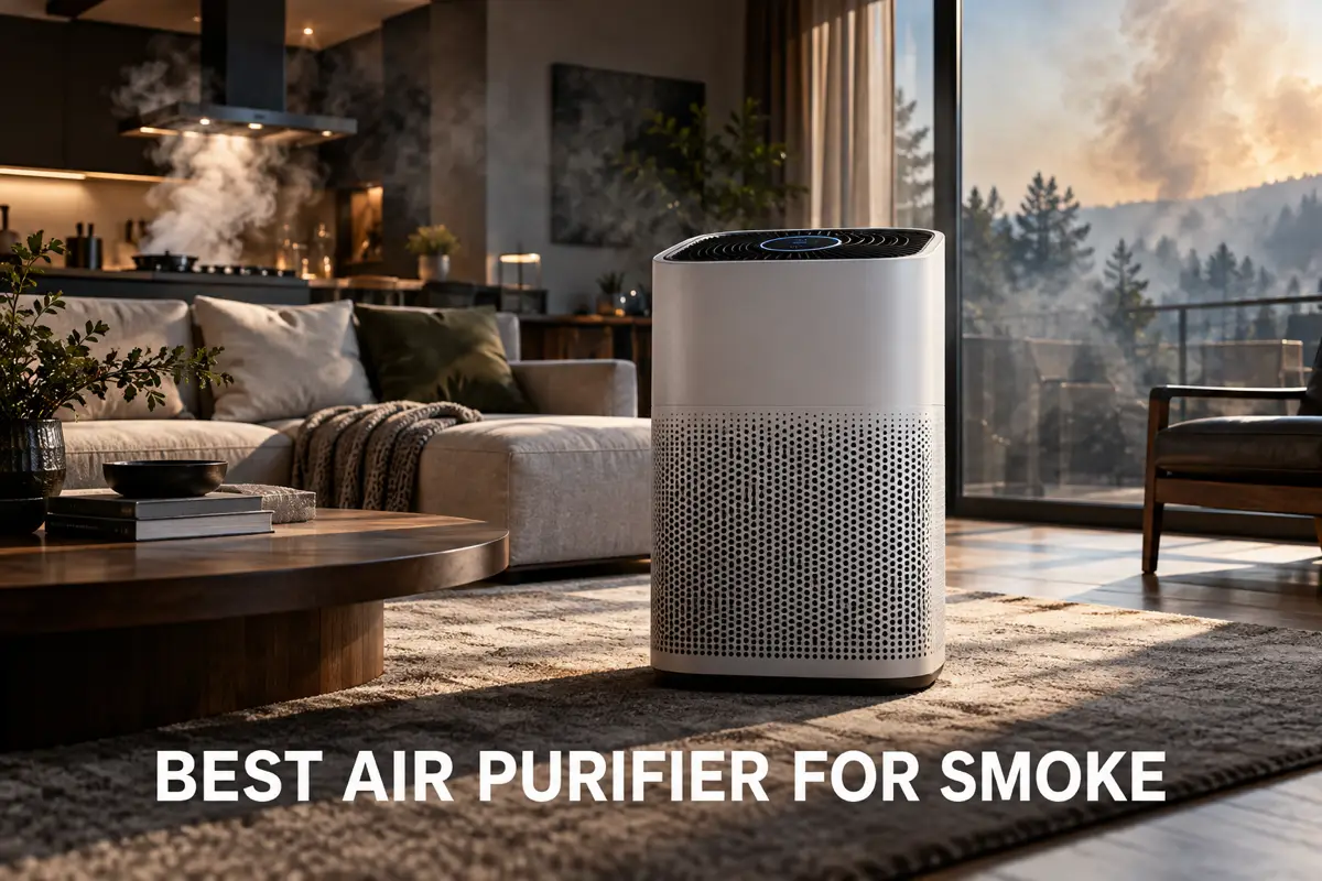 An air purifier running in a smoky living room with haze visible near the kitchen and window.