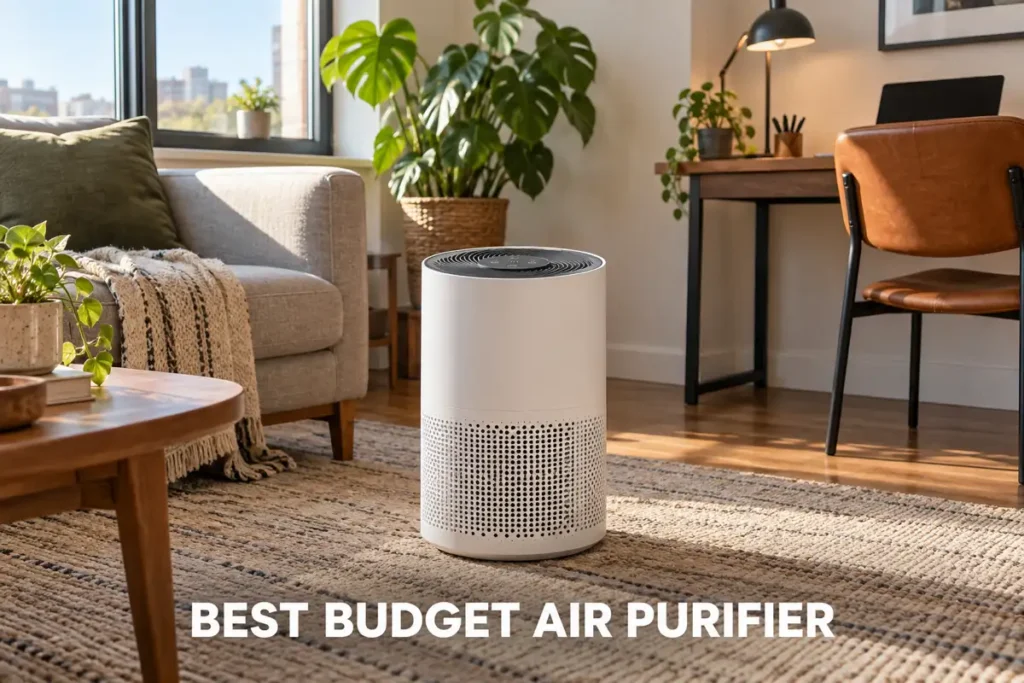 A compact air purifier placed in a sunny living room with plants and simple home decor.