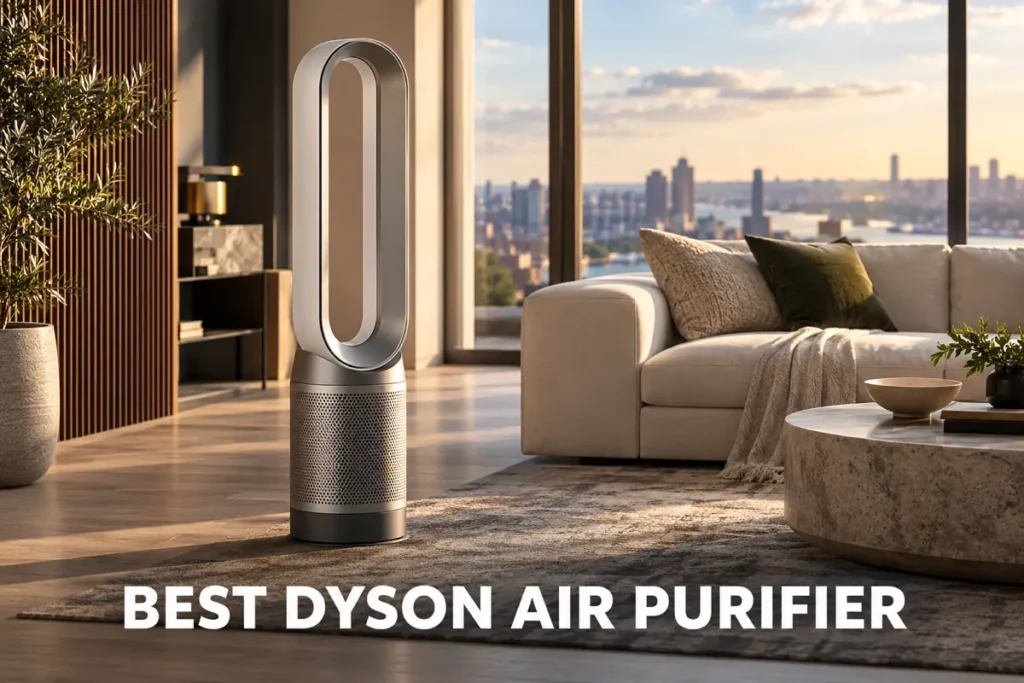A Dyson-style bladeless air purifier placed in a bright modern living room.