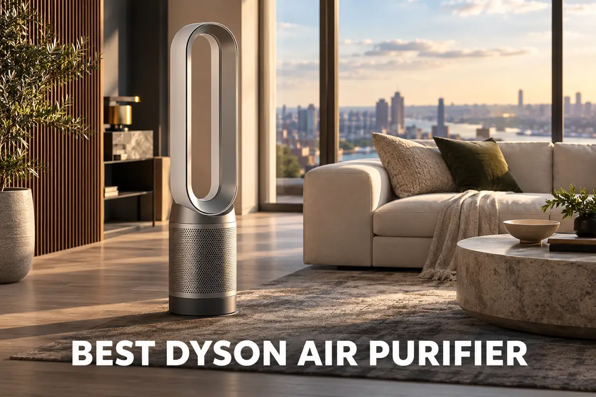 A Dyson-style bladeless air purifier placed in a bright modern living room.