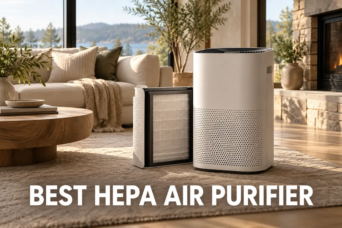 A HEPA air purifier with its filter removed in a bright living room.