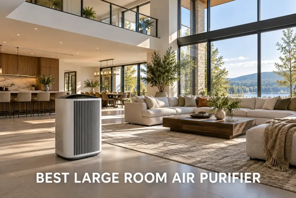 A large air purifier placed in a spacious open-plan living room with high ceilings and wide windows.