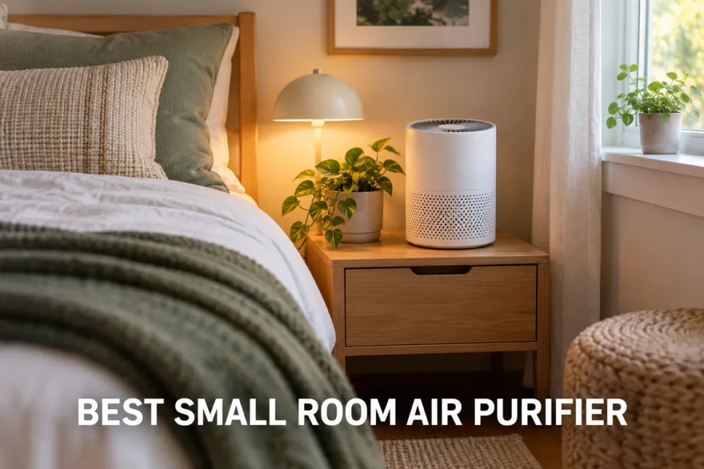 A compact air purifier placed in a cozy bedroom corner beside a desk and nightstand.