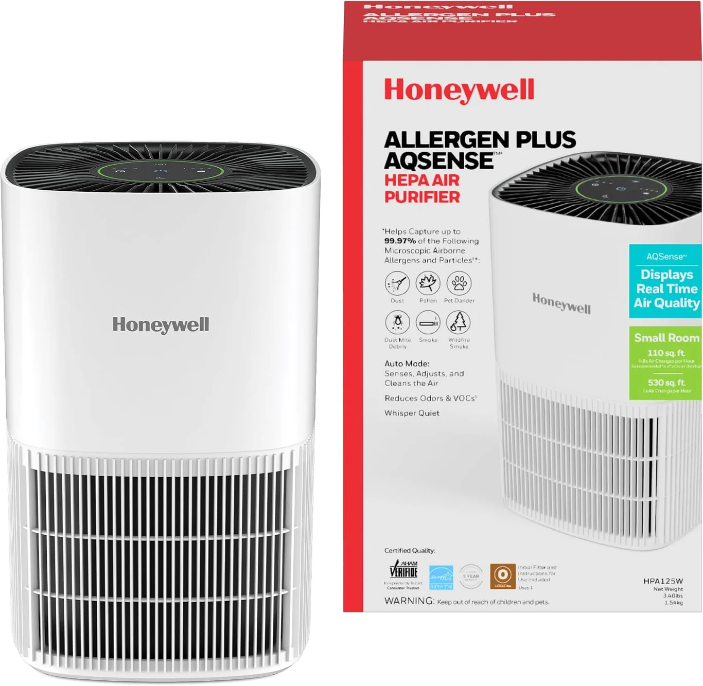 Honeywell HPA125W Compact HEPA Air Purifier product view on a plain background